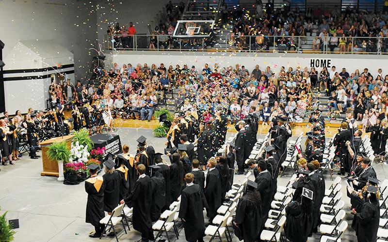 Confetti and Silly String filled the upper reaches of the Robbinsville High School gymnasium Friday, as the Class of 2023 celebrated their graduation. Photo by Kevin Hensley/editor@grahamstar.com