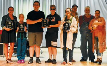 Winners of the second annual “Graham County’s Got Talent” were (from left): Megan Brooks, gospel; Ariana Roberts, dance; Aidan Holder and Ryan Lynn, instrumental; Gracie Anderson and Will Phillips, pop/rock; and Mandy Millsaps, Keith Rogers and Anderson, country/bluegrass. Photo by Kevin Hensley/editor@grahamstar.com