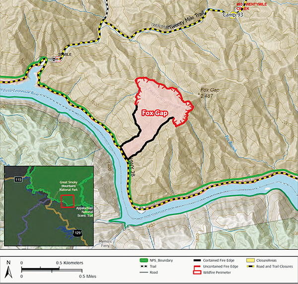 This map outlines the location of the Fox Gap Fire inside Great Smoky Mountains National Park, which started near the Twentymile Ranger Station in Swain County on March 26. Map courtesy of National Park Service