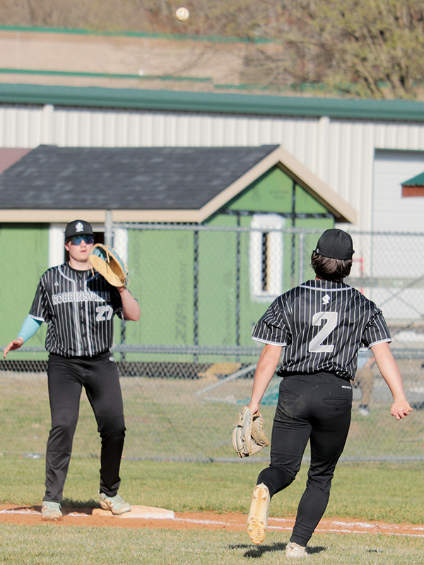 First baseman Peyton Brooks (27) awaits the toss from pitcher Easton Shuler during March 21’s home game against Andrews. Photo by Kyla Garland/The Graham Star