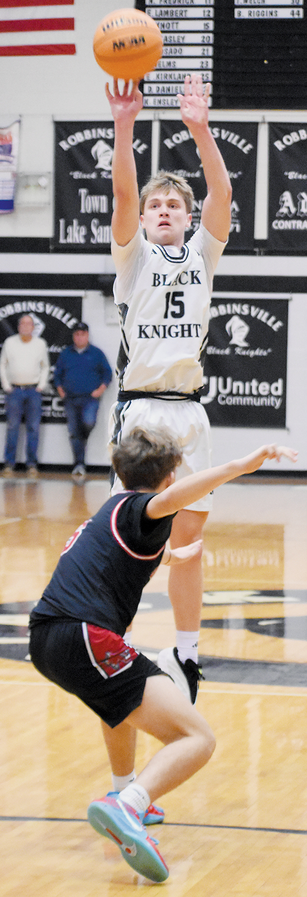 Black Knights guard Dane Knott – shown launching a long-range shot Tuesday against Andrews – is averaging 21 points per game this season. Photo by Kevin Hensley/sports@grahamstar.com