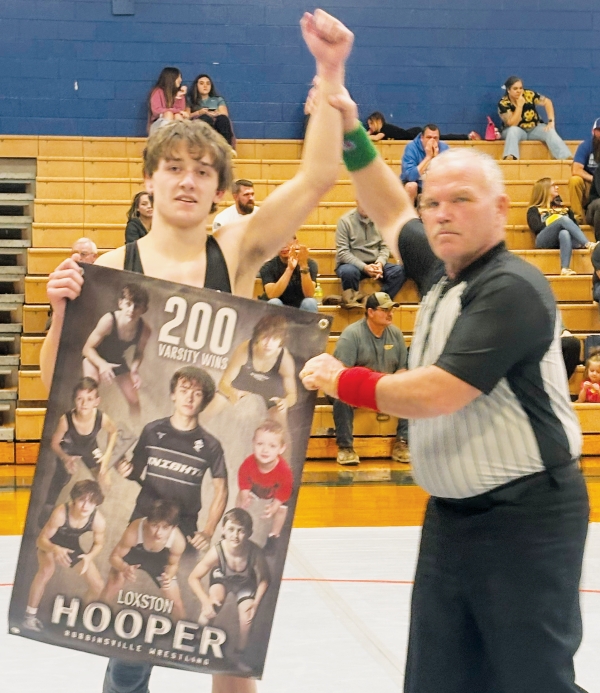 Robbinsville's Loxston Hooper won his 200th career bout during Tuesday's Western Regional dual-team postseason title match against Thomas Jefferson Classical Academy. Loxston will compete for an individual state championship in the 138-pound weight class Saturday. Photo courtesy of Crystal Hooper