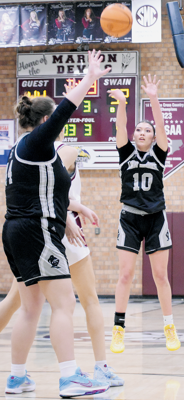 Zayleigh Chekelelee launches one of her five 3-pointers at Swain County on Feb. 5. Photo by Kevin Hensley/sports@grahamstar.com