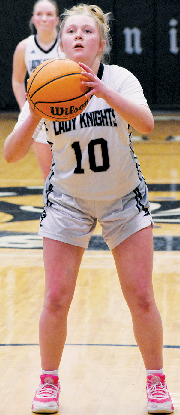 Novie Dutcher sizes up a free throw during Friday’s JV girls win over Swain County. Photo by Bella Eddings/The Graham Star