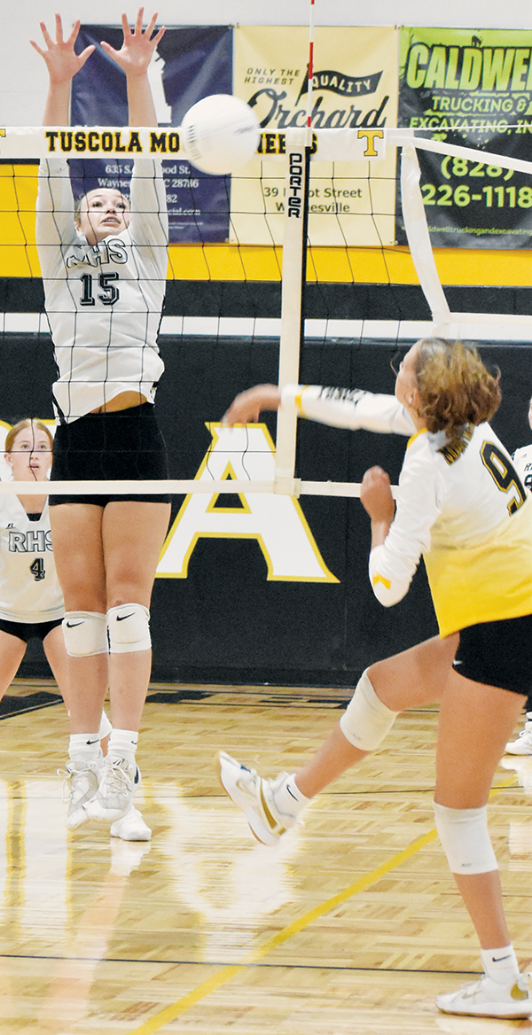 JV Lady Knight Myah Winfrey leaps for a block attempt Monday at Tuscola. Photo by Bella Eddings/The Graham Star