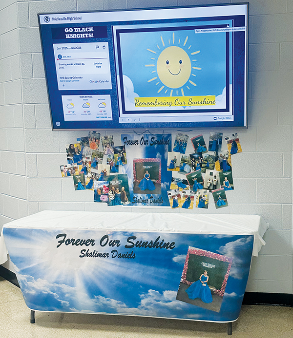 Shortly after being informed of Shalimar Daniels’ passing Jan. 23, students at Robbinsville High School got to work  creating this tribute near the front entrance to the facility. Photo by Latresa Phillips/The Graham Star