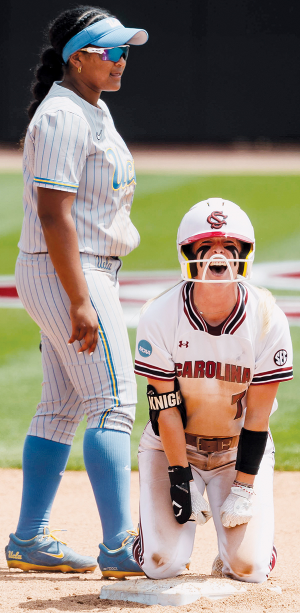 Gamecocks senior Abigail Knight was all fired up after reaching second base in Game 1 of the Super Regionals May 23 against UCLA. Photo courtesy of University of South Carolina Athletics