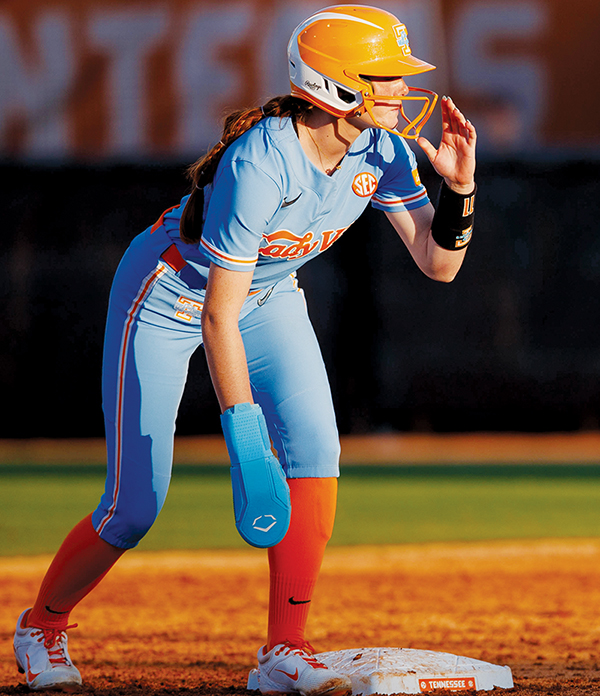 University of Tennessee freshman Zoie Shuler waits for an opportunity to take off on the basepath during the Vols’ March 14 home game against UConn. Photo courtesy of Kyndall Williams/Tennessee Athletics
