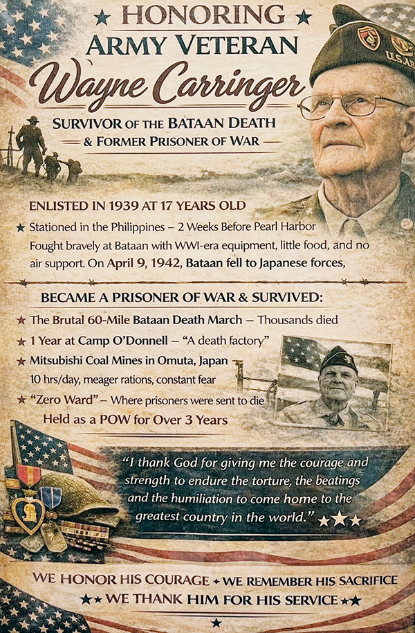 A closer look at the placard Greg Barker displayed on his pack during the Bataan Memorial Death March in White Sands, N.M., last month, paying tribute to late World War II veteran Wayne Carringer – who was a lifelong resident of Graham County.