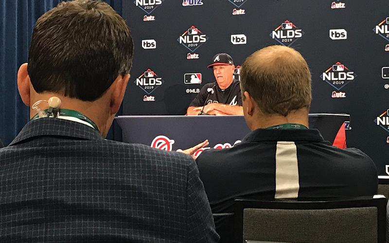 Atlanta Braves manager Brian Snitker talks with the media before Game 5 of the National League Division Series at Suntrust Park. Photo by Kevin Hensley/editor@grahamstar.com