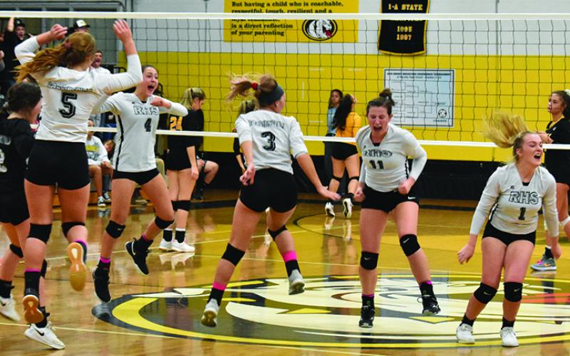 Reality sets in for Halee Anderson, Gabby Hooper, Kennedy Cable, Gracye Burchfield, Karlyn Matheson and Liz Ayers (from left), moments after Robbinsville scored the winning point in Wednesday's 25-23, 25-21, 25-22 sweep over the hosting Murphy in the finals of the Smoky Mountain Conference tournament finals. Photos by Kevin Hensley/editor@grahamstar.com