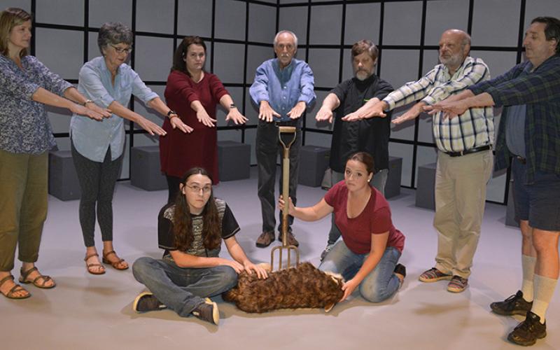 The cast of The Curious Incident includes (from left): Virginia Mattox, BJ Foster, Jessica Gentry, Ben Stephens, David Layfield, Lamar Barber, Jon Jordan. Not pictured is Susan Morgan. Photo by Pam Roman.