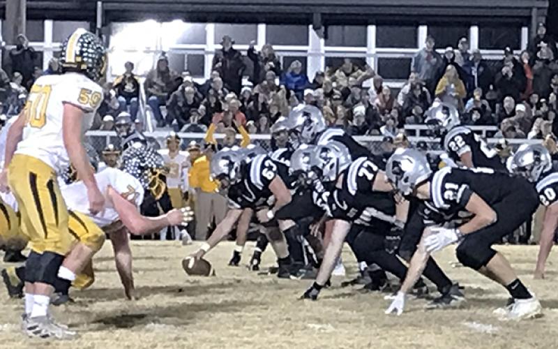 The Robbinsville Black Knights get set at the line of scrimmage during the second half of Friday's 24-13 third-round playoff win over Murphy. Photo by Kevin Hensley/editor@grahamstar.com