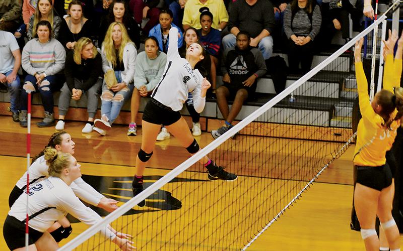 Robbinsville sophomore Kennedy Cable leaps for a kill attempt during the Lady Knights’ third-round victory over Murphy on Oct. 31. Photos by Kevin Hensley/editor@grahamstar.com