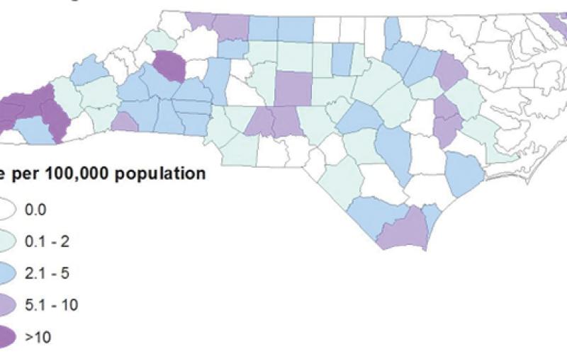 Graham County is a hotbed of Hepatitis C Transmission, as indicated by this 2017 map showing how areas around the state are affected. Map courtesy of N.C. Electronic Disease Surveilliance System.