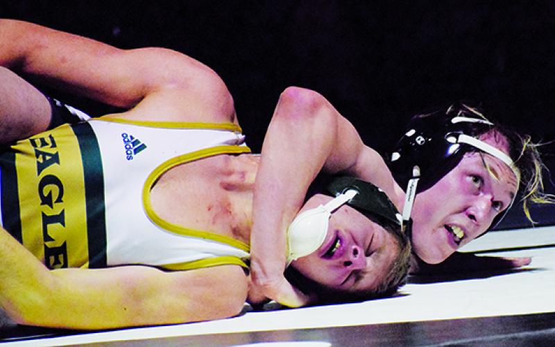 Robbinsville’s Justin Stewart has full control of Rabun Gap, Ga.’s Aidan Loring during the 160-pound finals of Saturday’s James Orr Invitational. Stewart won the bout 3-0 to seize the bracket. Photo by Jenny Millsaps/Contributing Photographer