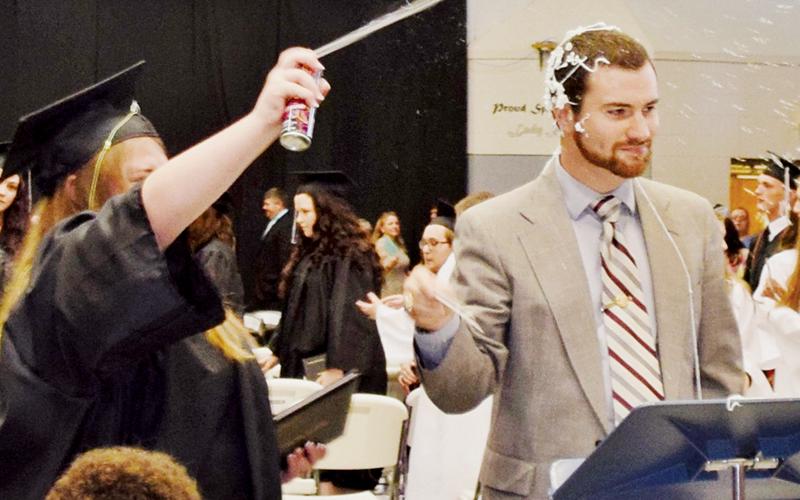 Even stragetically-placed Silly String could not deter Robbinsville band director Jameson Stout from his  duties during the June 2, 2019 graduation ceremony.