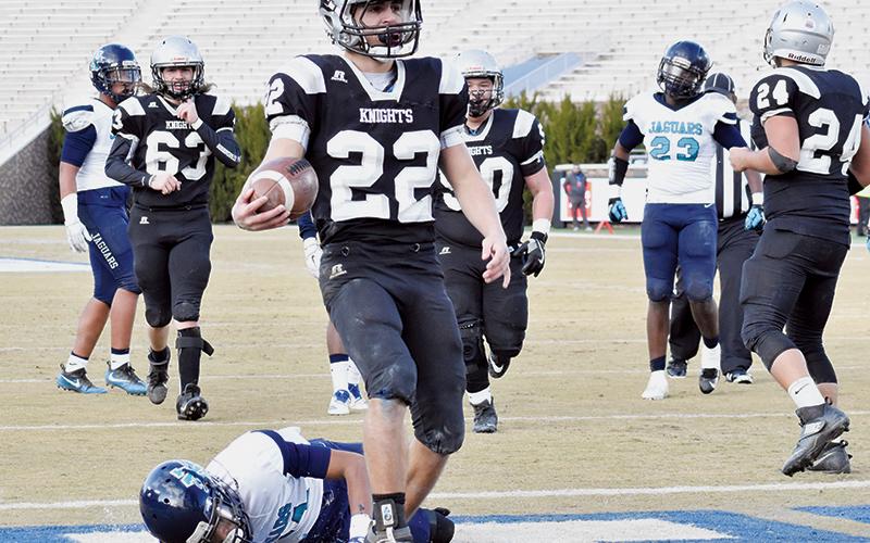 Robbinsville senior Rylee Anderson breaks the plane for one of his five 1A state championship game touchdowns on Dec. 14. Photos by Kevin Hensley/editor@grahamstar.com