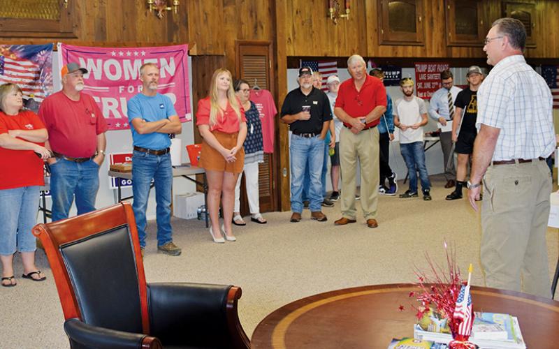 N.C. House of Representatives, Seat 120 candidate Karl Gillespie addresses the crowd gathered at the Graham County Republican Headquarters on Saturday.