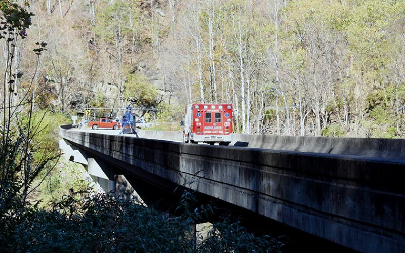 A motorcyclist was flown out following a crash on Highway 129 near Tapoco Lodge on Friday. Photo by Charlie Benton/news@grahamstar.com