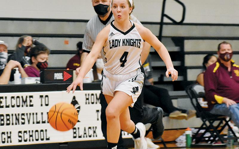 Lady Knights sophomore point guard Desta Trammell sprints toward the basket on a fast break during the Feb. 9 triple-overtime victory against Cherokee. Trammell was just named the 2020-21 Big Smoky Mountain Conference Girls Player of the Year. Photos by Kevin Hensley/editor@grahamstar.com