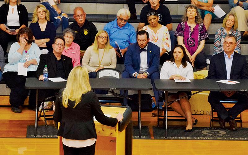 More than 120 citizens joined N.C. Senate Representative Kevin Corbin, District Attorney Ashley Welch and N.C. House Representative Karl Gillespie (seated, front) Friday, for a town hall concerning Graham County’s rampant drug issue. Photo by Art Miller/amiller@grahamstar.com