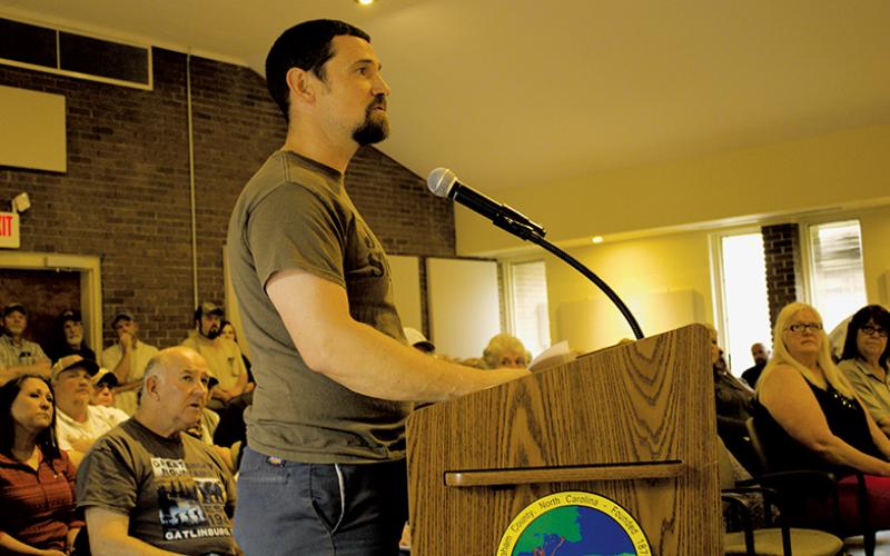 The Rev. Patrick O’Dell addresses Graham County Commissioners during Tuesday’s meeting. O’Dell was joined by around 50 concerned citizens, who gathered to show solidarity against the rampant issue with illegal substances in the county. Photo by Charlie Benton/news@grahamstar.com
