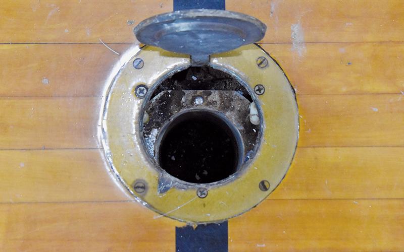 This hole is supposed to hold a volleyball pole, but the recent shift in the Robbinsville Elementary School’s floor has rendered the slot unusable.