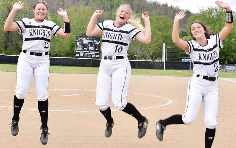 Robbinsville's Sydney Farley, Maggie Knight and Gabby Hooper (from left) celebrate Senior Night on April 29. Photo by Art Miller/amiller@grahamstar.com