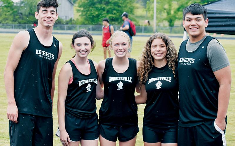 At the June 2 home meet, Robbinsville High School recognized its five track and field seniors: Jeb Shuler, Emma Wiggins, Ava Barlow, Lina Pagan and Rossi Wachacha (from left).