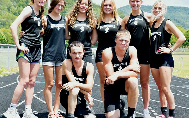 The Robbinsville track program qualified 10 athletes for Friday's 1A state track meet. Kneeling in front are Hayden Stewart (left) and Cutler Adams. Standing in back are Zoie Shuler, Keylie Jordan, Lina Pagan, Haize Moore, Kensley Phillips and Caylin Lunsford. Not pictured are Brock Adams and Delaney Brooms. Photos by Kevin Hensley/sports@grahamstar.com
