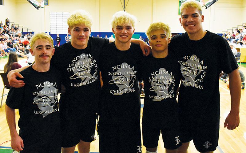The Robbinsville Black Knights crowned five state champions at Saturday’s 1A Men’s Invitational in Asheboro. From left are Luke Wilson (106 pounds), Kage Williams (182), Kyle Fink (195), Jayden Nowell (126) and Ben Wachacha (220). Photos by Kevin Hensley/sports@grahamstar.com