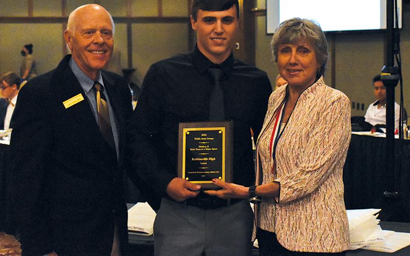Rylee Anderson was on-hand at Sunday’s banquet to accept two awards from the 2020 ceremony, which was not able to be held due to the COVID-19 pandemic. Anderson was named the Merrill Lynch/Keller Ferrell Division II Male Athlete in a Major Sport recipient and he also accepted the Fields Auto Group Division II Male Team in a Major Sport award on behalf of Robbinsville football. With Rylee is Mountain Amateur Athletic Club Board of Directors members Lary Schulhof (left) and Ann Brandis.