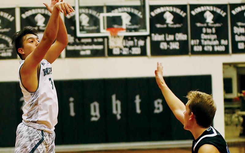 Robbinsville’s Xander Wachacha launches one of his three, late buckets from outside the arc Friday against Smoky Mountain. Photo by Miranda Buchanan/Robbinsville High School Yearbook
