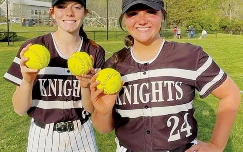 Zoie Shuler (left) and Ivy Odom show off their trophies on April 20 after the duo launched a combined three home runs at Cherokee. As of Monday, Shuler has hit six long balls this season, while Odom has five. Photos courtesy of Susan Crowe/Contributing Photographer