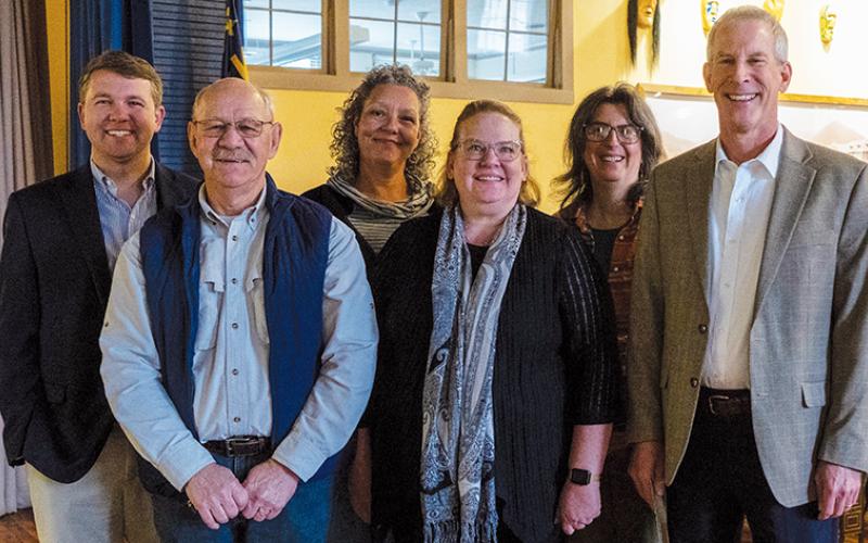 Legislative Affairs Director Deans Eatman, Board Chair Rick Davis, Gallery Manager Melinda DeHart, Executive Director Jennifer West, Program Director Amber Benton and Secretary of the North Carolina Department of Natural and Cultural Resources Reid Wilson (from left) toured the Stecoah Valley Cultural Arts Center on April 5. Photo courtesy of Brandon Goins/Contributing Photographer