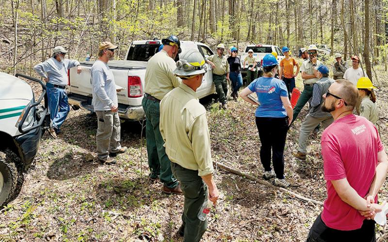 A range of people including representatives from the logging industry, environmental groups, and local government listen to U.S. Forest Service officials describe the Crossover Project near the Graham-Cherokee county line on April 22. Photos by Randy Foster/news@grahamstar.com
