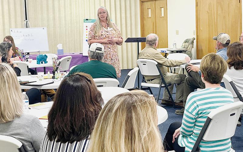 Michelle Shiplet addresses a group of about 30 local and state leaders at a May 19 “Think Tank,” hoping to identify and solve some of Graham County’s more pressing problems. Photo by Randy Foster/news@grahamstar.com