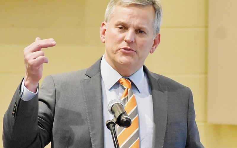 N.C. Attorney General Josh Stein addresses county leaders and personnel at the Graham County Community Building on April 28. Stein made the trip to Robbinsville to discuss the recent opioid settlement, as well as discuss the local impact of the crisis. Photo by Kevin Hensley/editor@grahamstar.com