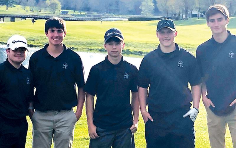 The Robbinsville Black Knights finished their 2022 season with an appearance in the regional tournament last week. From left are Cody Cline, Isaiah Brown, Trey Lambert, Turner Jackson and Dasan Gross. Photo courtesy of Jake Beasley/Robbinsville High School Golf