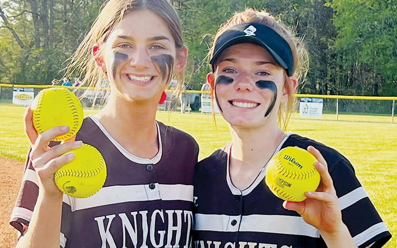 The Lady Knights continued to rip homers last week, with Memory Frapp (left) launching a pair of two-run bombs at Smoky Mountain on April 27, while Zoie Shuler (center) roping her seventh of the season against the Mustangs