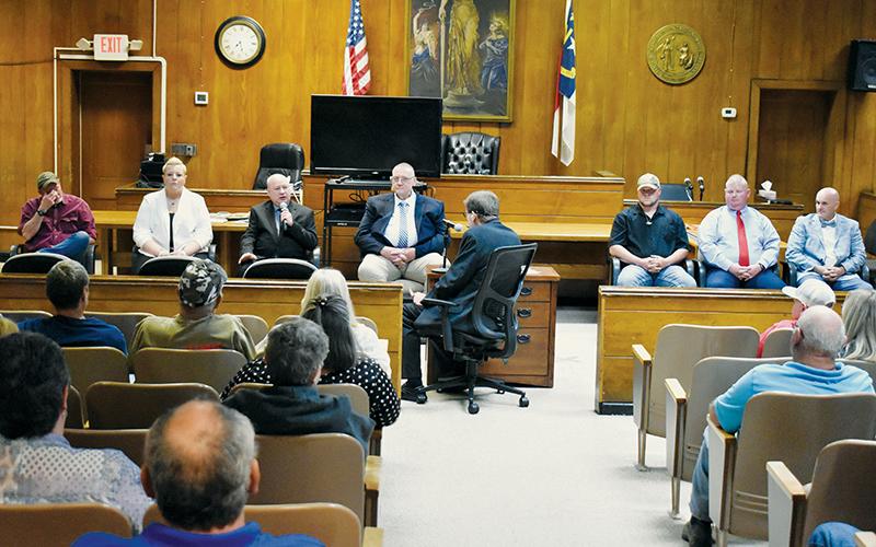 The seven Republican primary candidates for Graham County Sheriff – Kevin Guffey, Louanne McMahan, Jerry Crisp, Dennis Crisp, Chase Lancaster, Leon Allen, Jr. and Russell Moody (from left) during their forum April 23. Photo by Kevin Hensley/editor@grahamstar.com