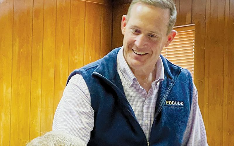 U.S. Rep. Ted Budd, a candidate for U.S. Senate, speaks with visitors at his campaign stop to the Graham County Courthouse on Monday. Photo by Randy Foster/news@grahamstar.com