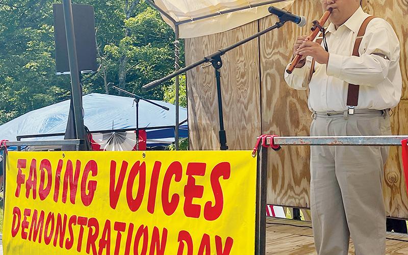 Matthew Tooni, a member of the Eastern Band of Cherokee Indians, performs at Saturday’s Fading Voices demonstration on the banks of Little Snowbird Creek in Graham County. Photos by Randy Foster/news@grahamstar.com