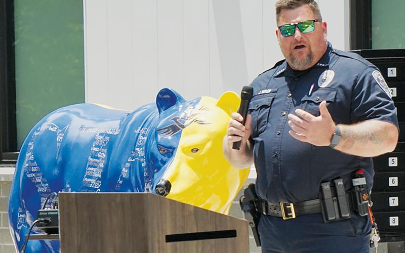 Then-Cherokee Indian Police Chief Josh Taylor delivers comments to an audience during the dedication of the Jacob Cornsilk Community Complex on June 3. Taylor announced his resignation to spend more time with family on June 10, effective Monday. Photo by Randy Foster/news@grahamstar.com