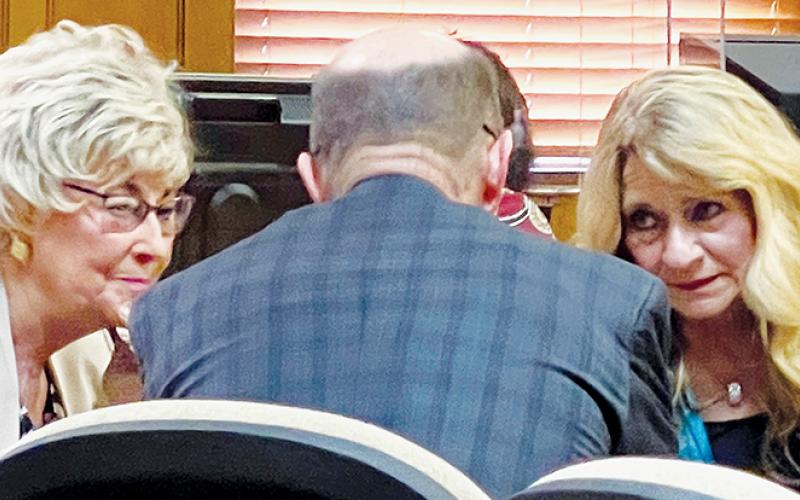 Connie Orr, chairman of the Graham County Board of Commissioners, lawyer Dale Curriden and Juanita Colvard, who helped develop the county’s plan for urgent care and imaging services (from left) confer in court Monday, while waiting on a judge’s ruling in a lawsuit filed by Smoky Mountain Urgent Care. Photos by Randy Foster/news@grahamstar.com