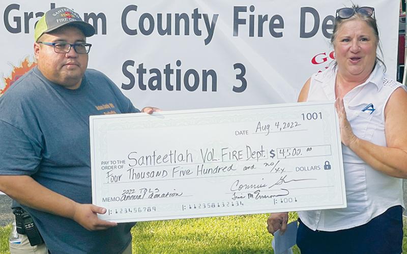 Town of Lake Santeetlah Mayor Connie Gross (right) presents a donation of $4,500 to Santeetlah Volunteer Fire Department Chief Brian Johnson at Aug. 4’s appreciation dinner. Photo by Randy Foster/news@grahamstar.com