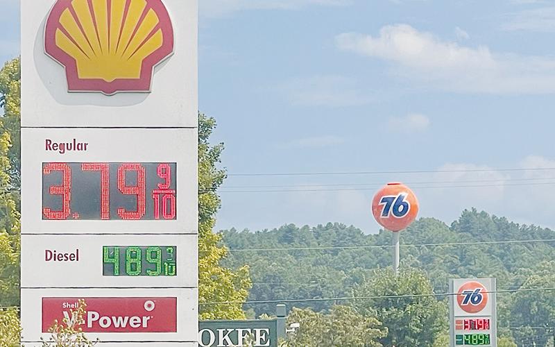 This photo, taken Monday afternoon off Rodney Orr Bypass, shows gas prices of $3.79 per gallon at the Shell (front) and 76 stations. Photo by Randy Foster/news@grahamstar.com