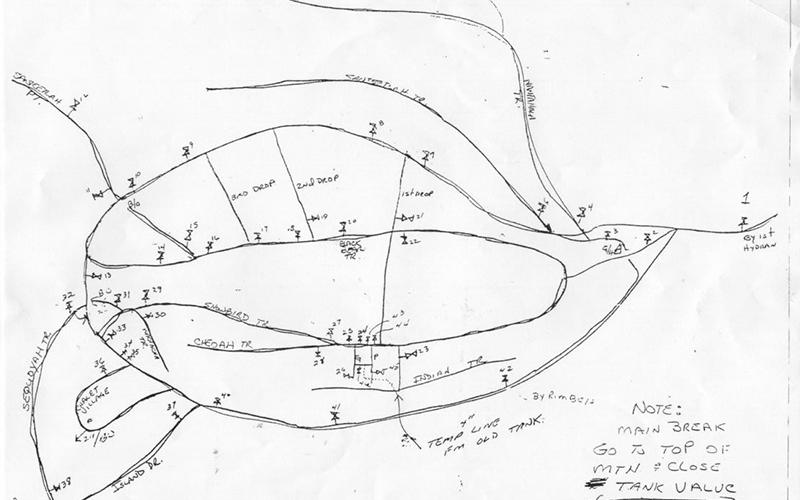 This sketch provides the estimated path of travel for the Town of Lake Santeetlah’s water system. The town is working with Robbinsville to borrow equipment that would provide an exact map – something Lake Santeetlah has never had.
