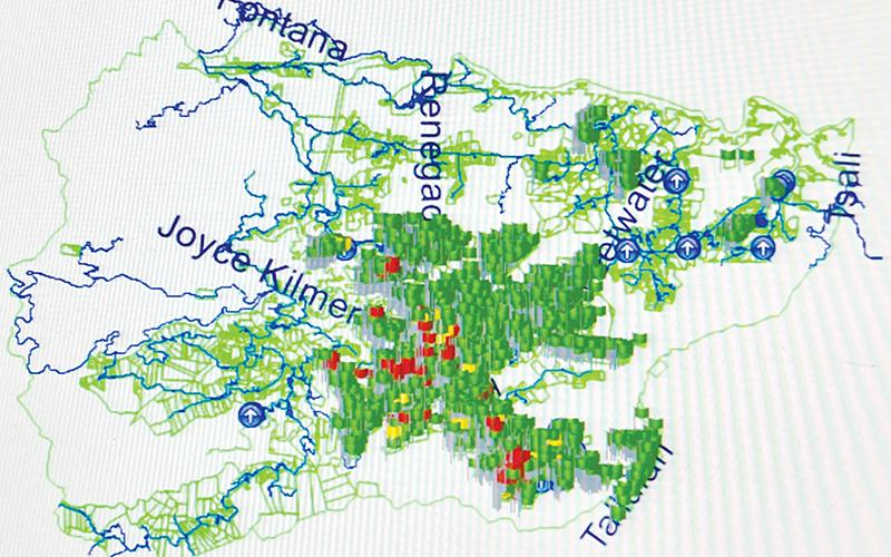 This map shows the properties that have been evaluated for revaluation (in green), waiting to be evaluated (in red) and will be revisited (yellow). Graphic courtesy of Randy Foster/The Graham Star